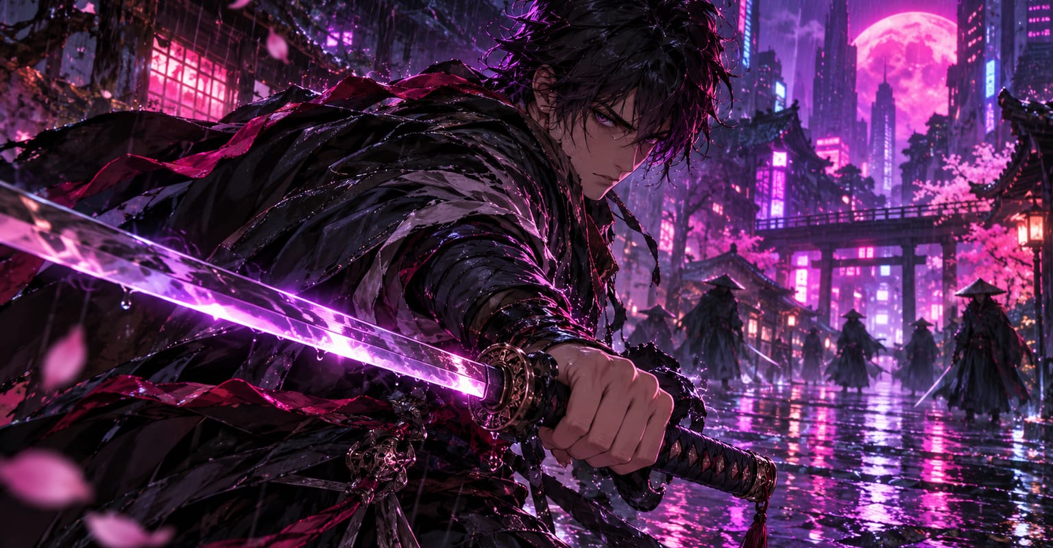 Anime hero drawing a glowing sword on a rain-soaked neon street
