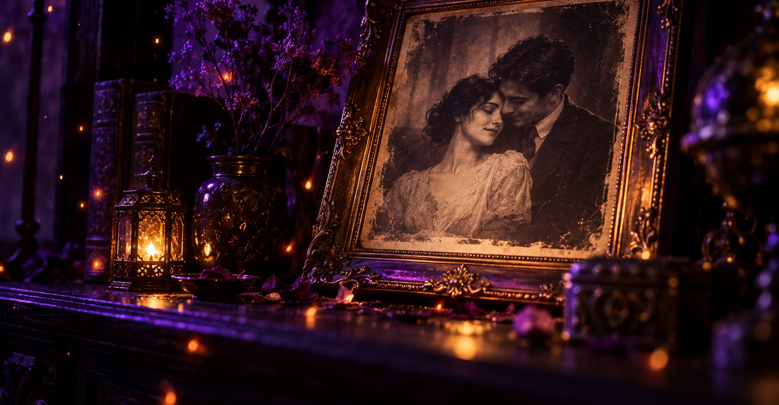 An old framed couple photo on a dark shelf glowing with violet light and drifting embers