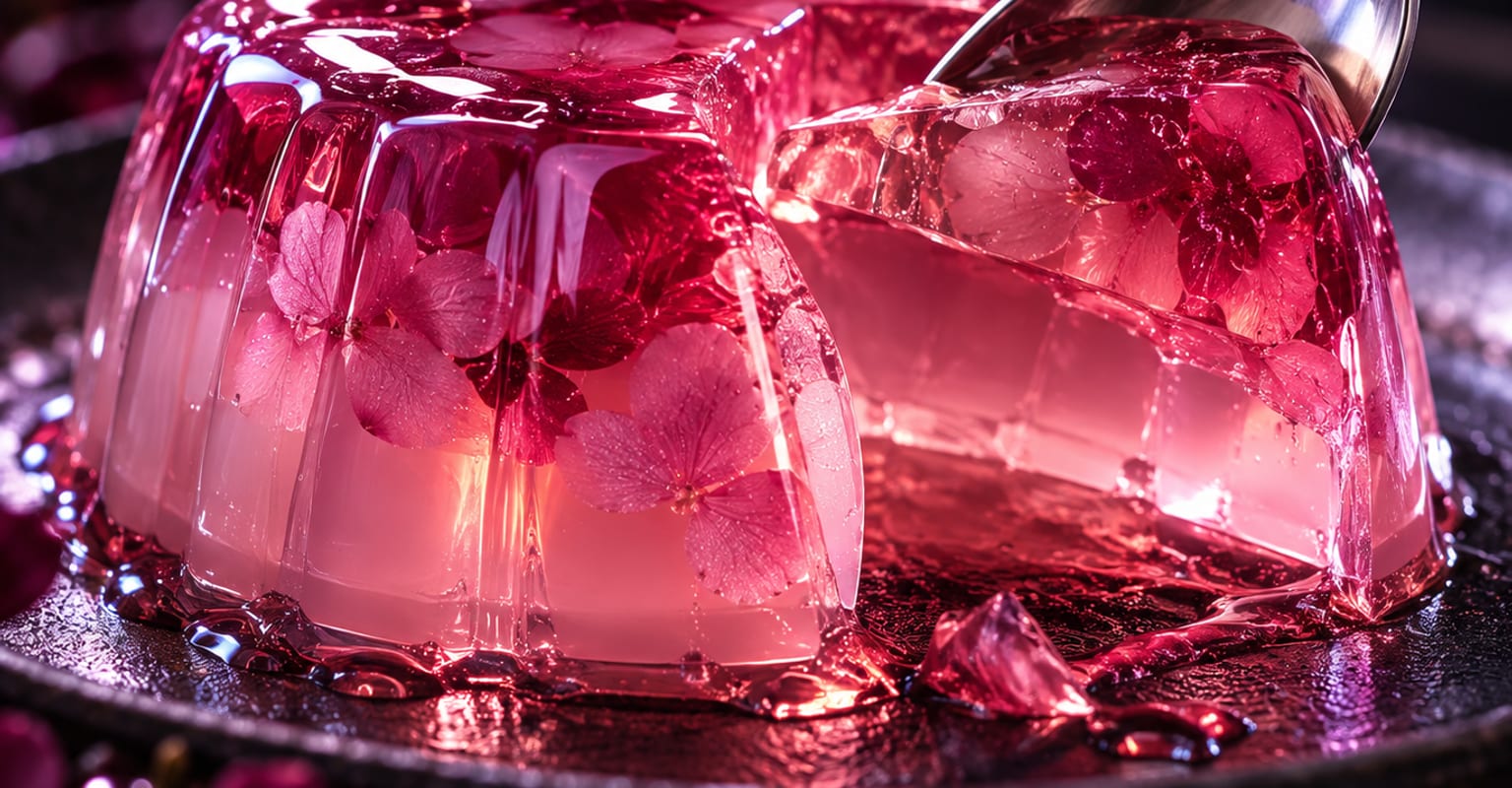 A spoon slicing a glossy jelly dessert in macro close-up