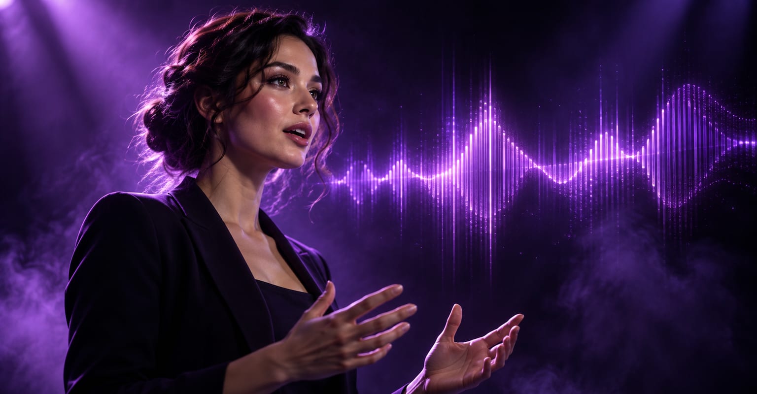 A presenter portrait under violet studio light beside a floating luminous waveform