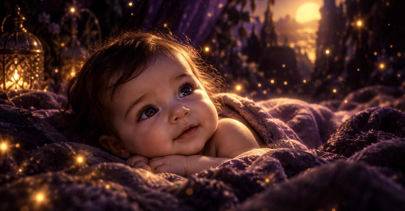 A baby photo on a soft blanket in violet evening light with glowing dust motes