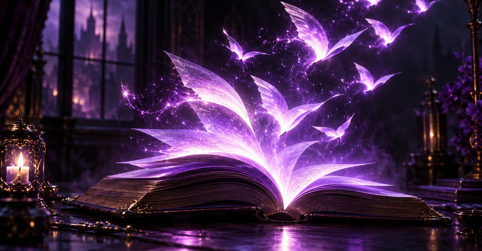 An open book on a dark desk with glowing violet pages rising into the air like birds