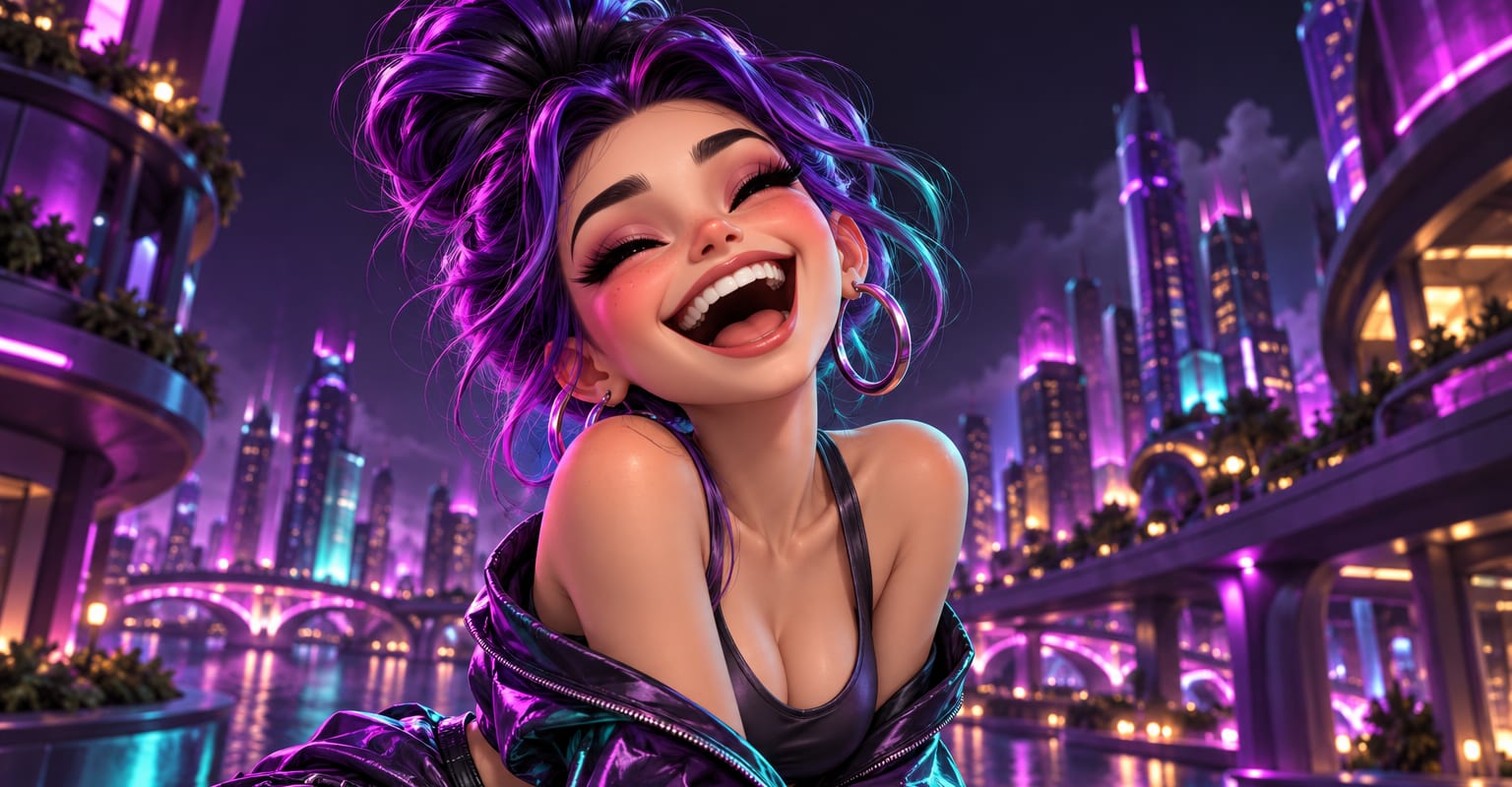 A glossy 3D cartoon character laughing in a stylized violet-lit city