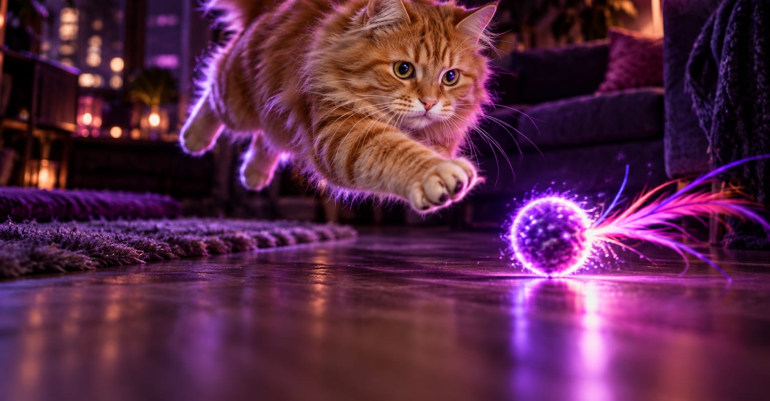 A tabby cat mid-pounce in a neon-lit living room