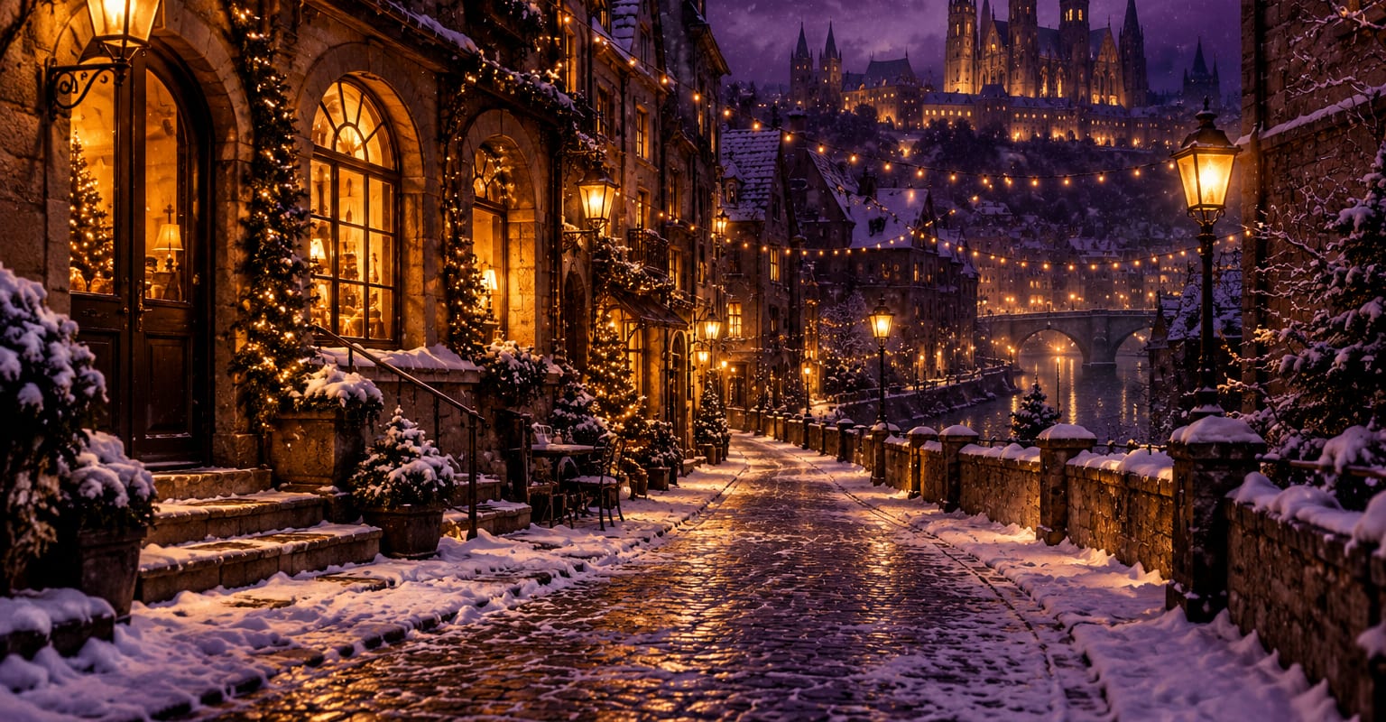 A snow-dusted Christmas street at night with warm window lights, string lights and drifting snow