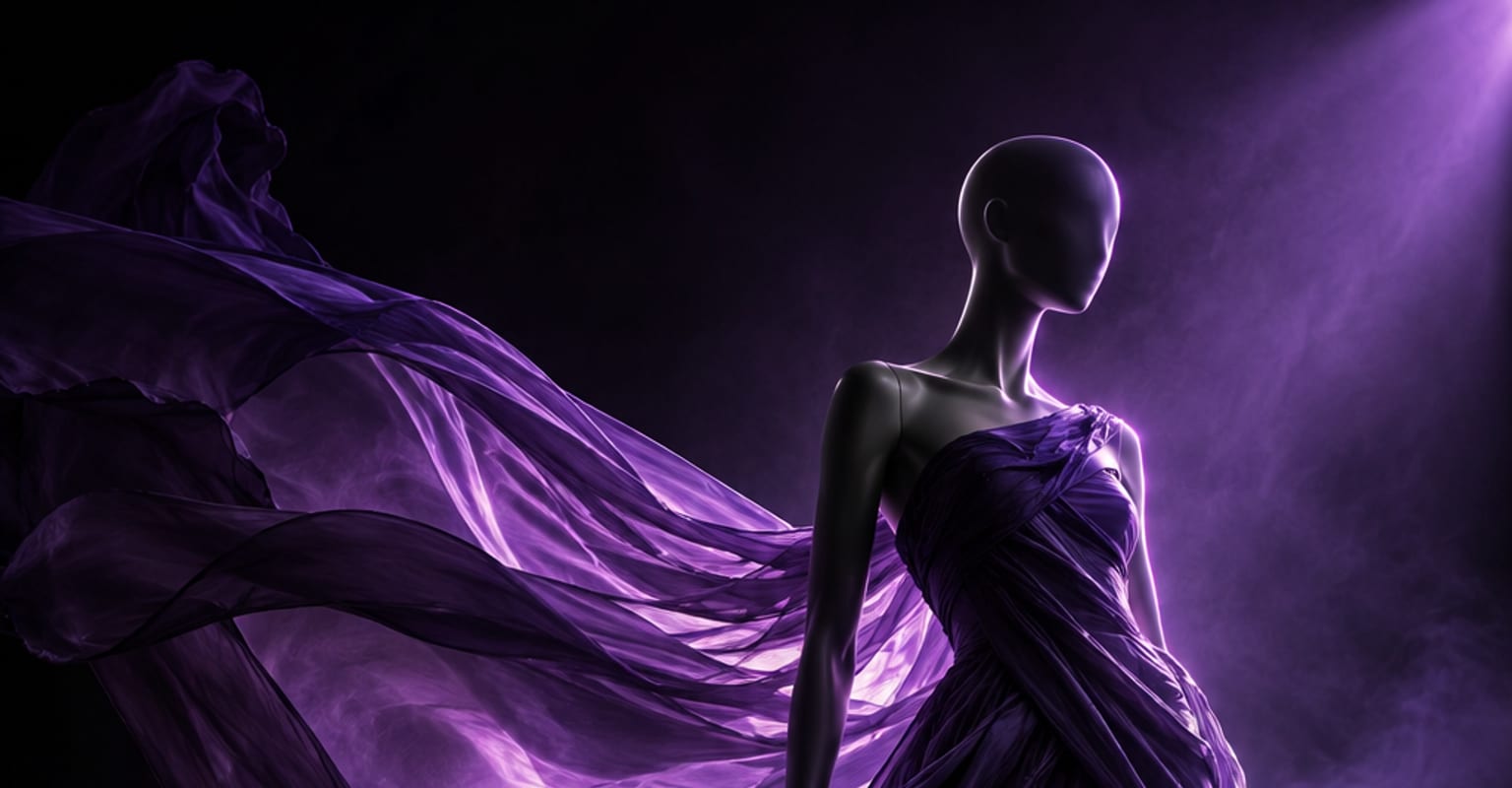 A fashion mannequin in a flowing dress under violet studio light in a dark editorial set