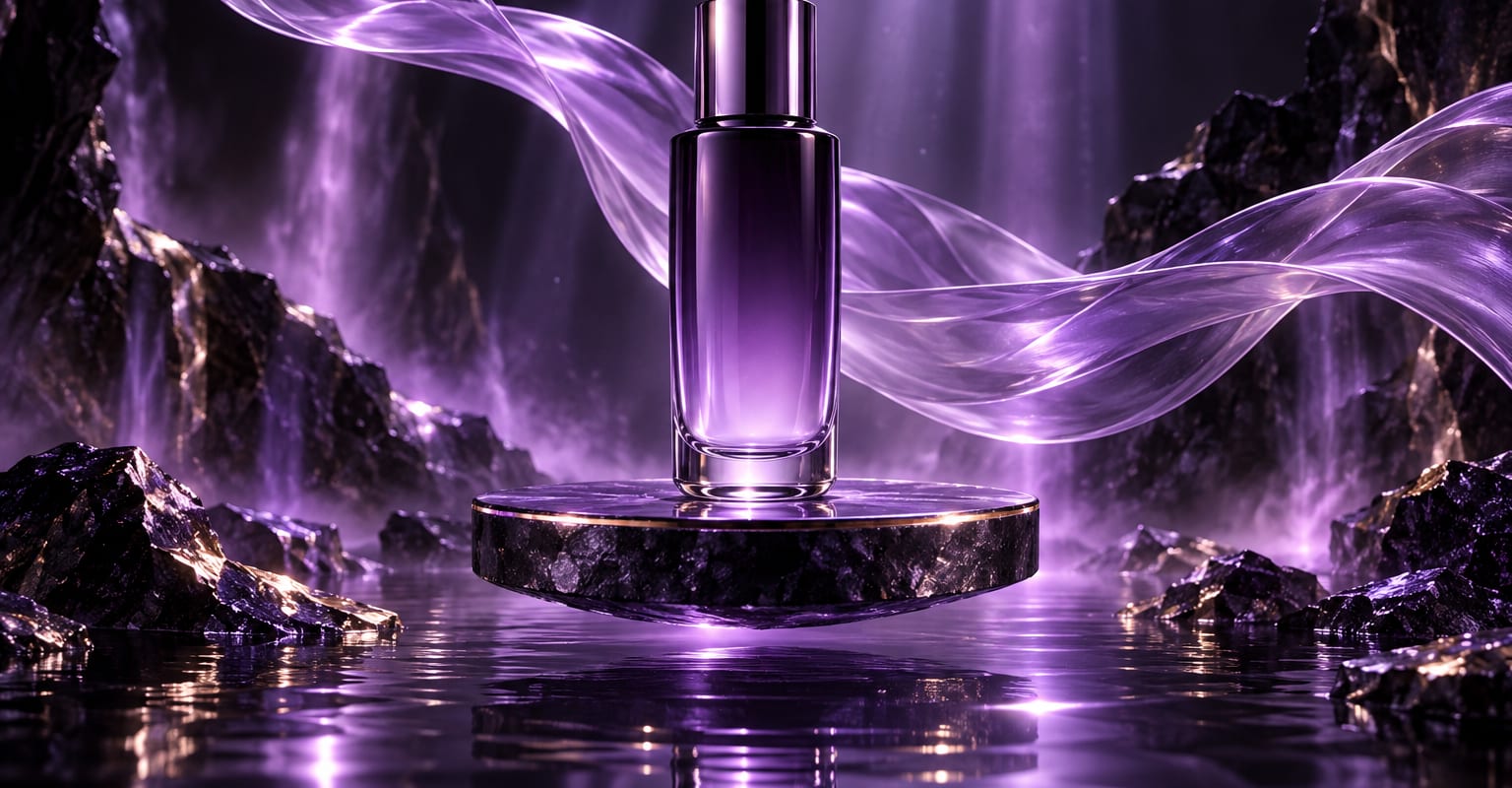 A sleek product bottle on a floating pedestal in violet volumetric light