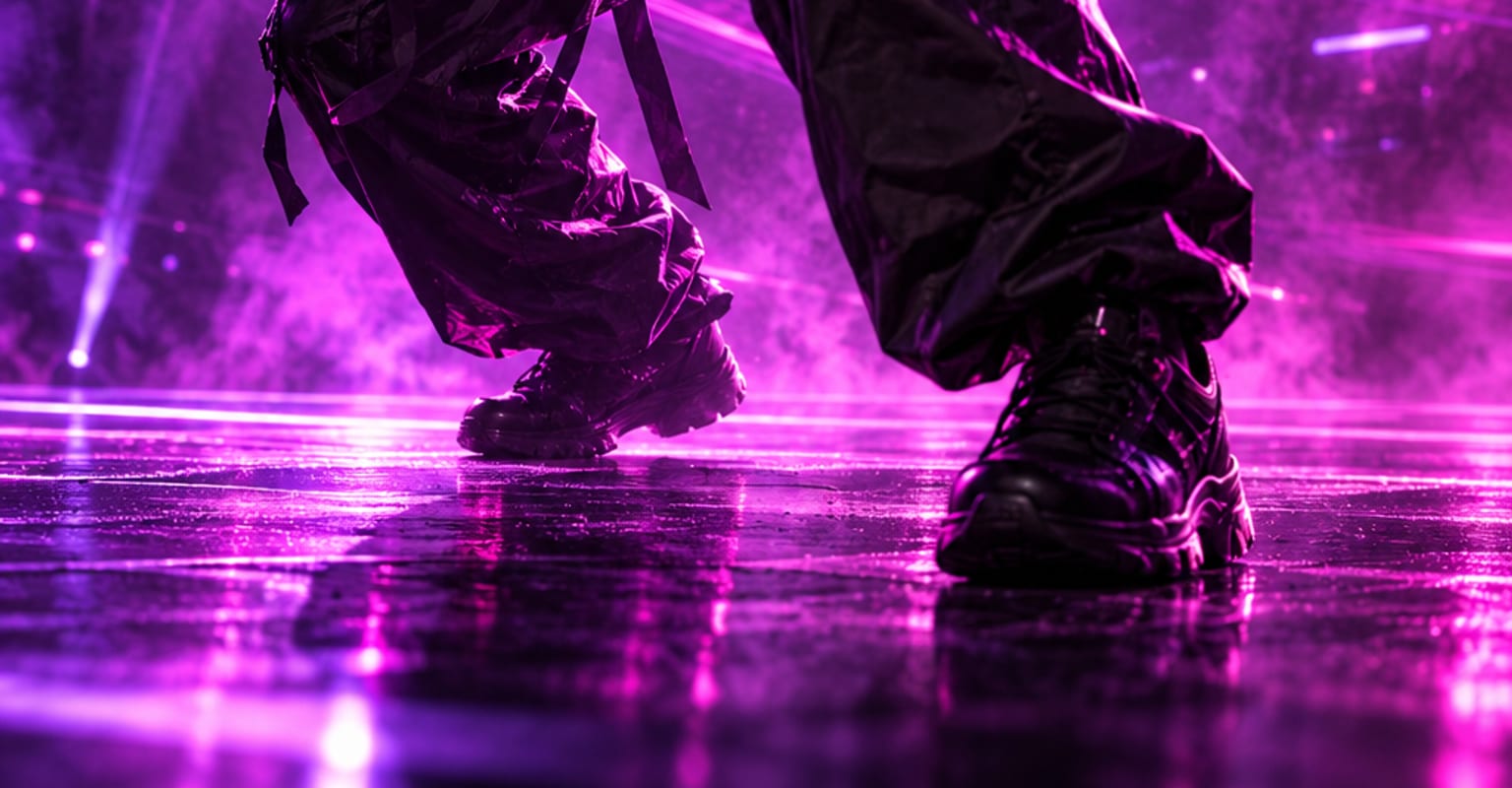 A dancer mid-spin on a neon violet stage with spotlight and motion trails