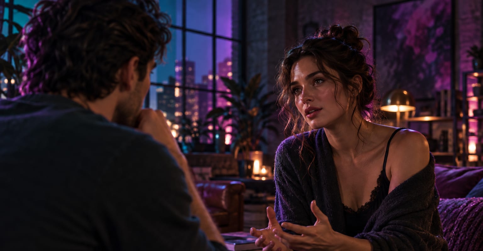 Two actors in a tense dialogue scene in a moody apartment