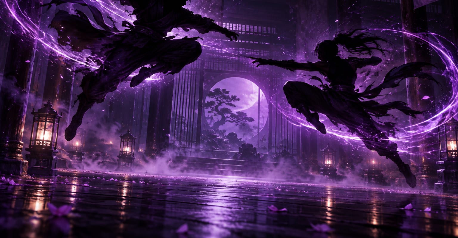 Two stylised martial artist silhouettes mid-leap in a dark violet dojo with light trails