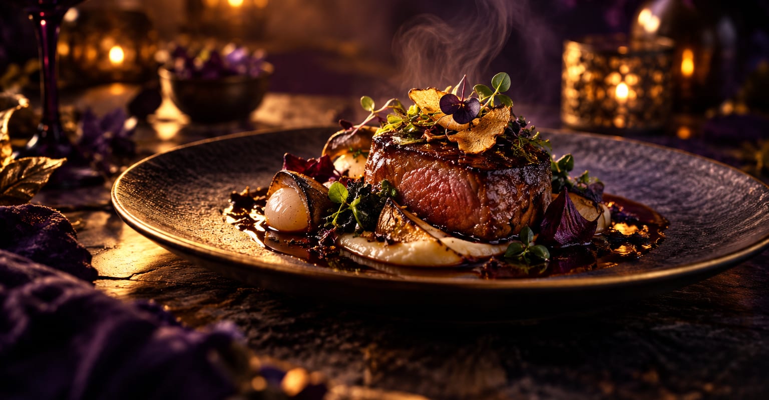 A gourmet dish on a dark table with steam rising through warm golden light and violet shadows