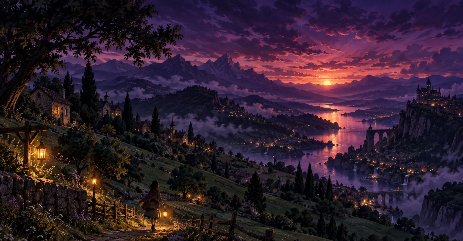 A hand-painted pastoral anime landscape at violet dusk with warm lantern light