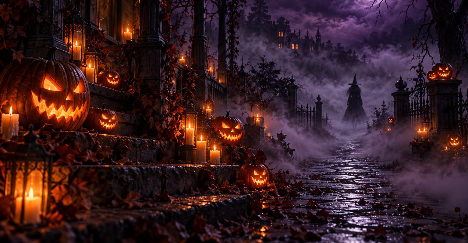 A foggy porch of glowing jack-o-lanterns with a witch silhouette in the distance