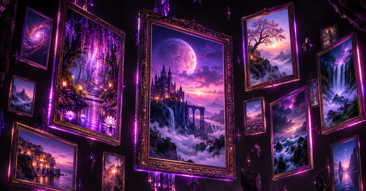 Glowing framed images floating in dark space with violet light spilling out