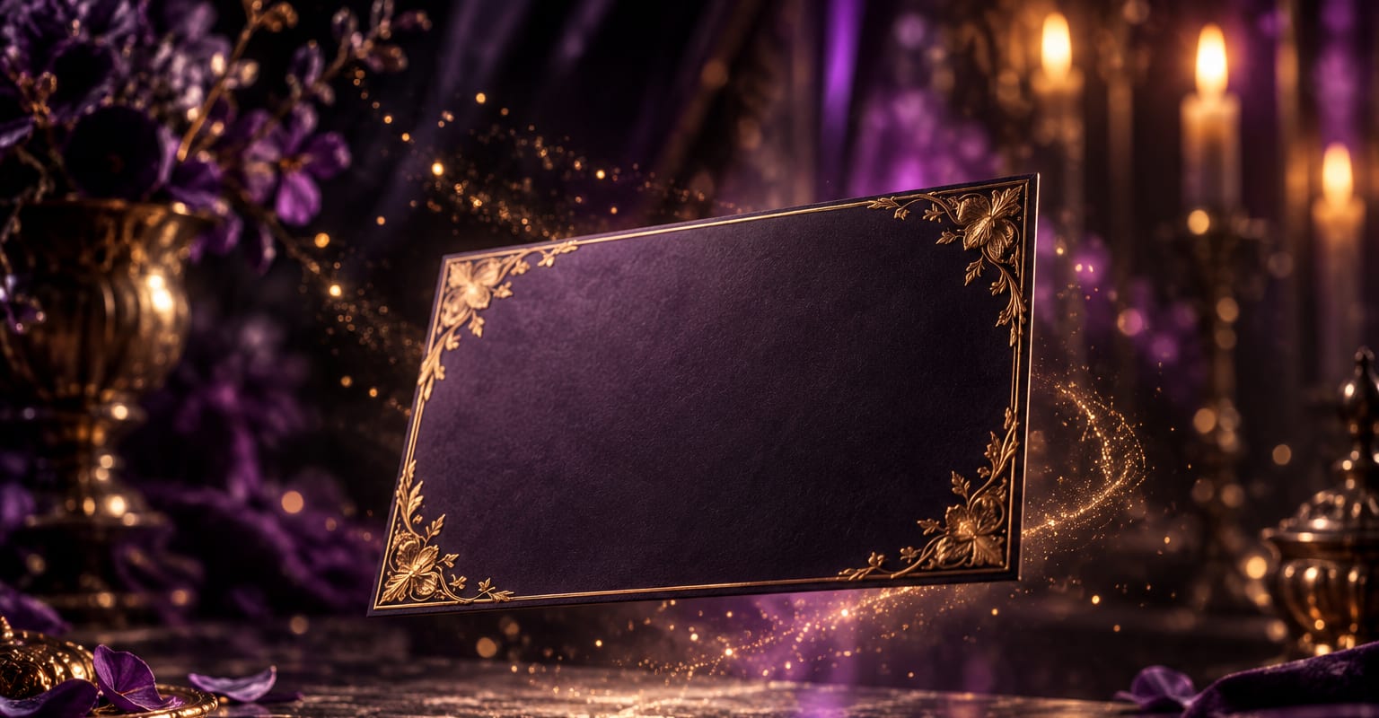 An elegant invitation card floating above a dark table in violet light with drifting gold dust