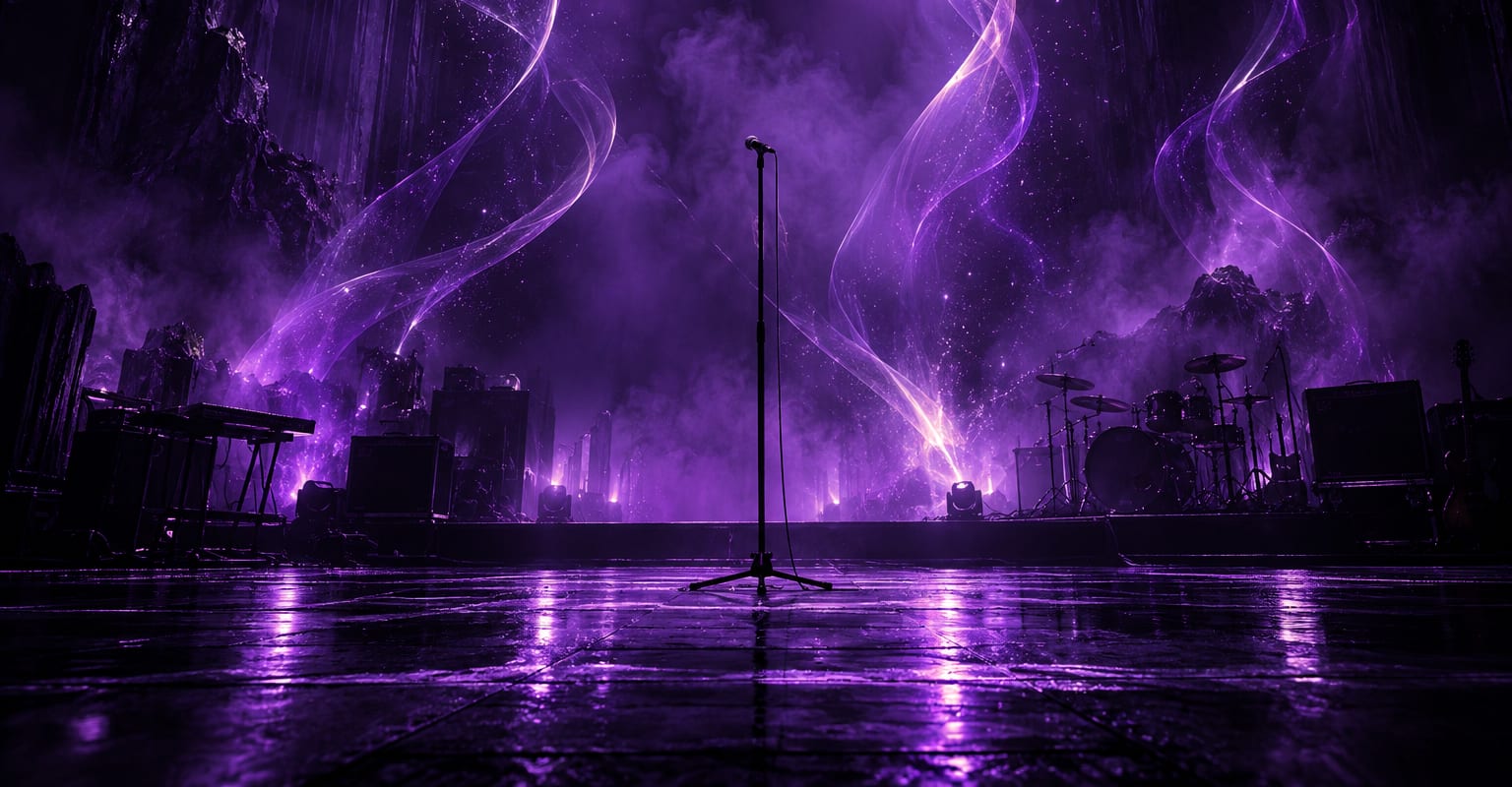 A dark concert stage washed in violet light with glowing ribbons rising through the haze