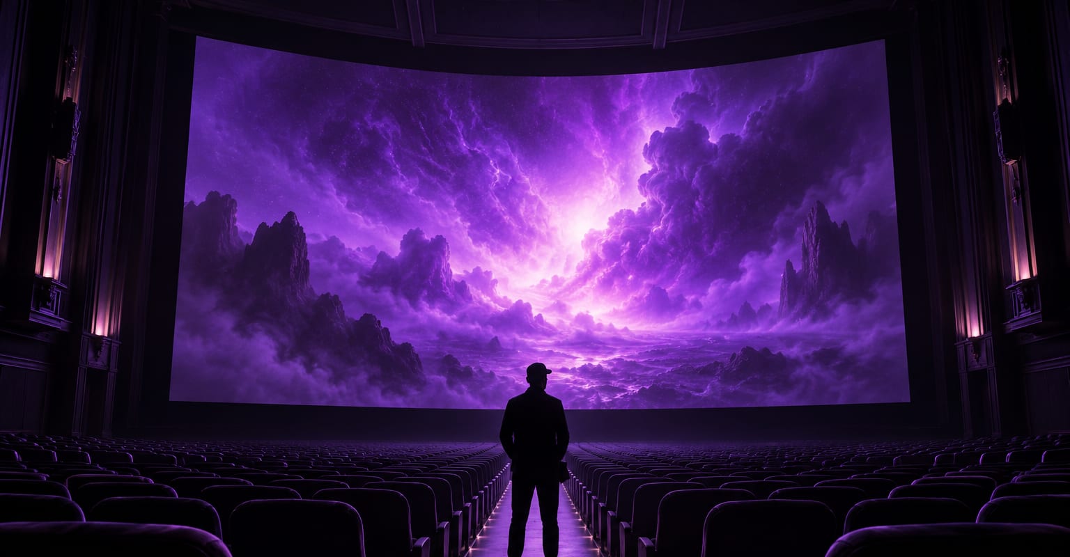 A dark cinema with a giant screen glowing violet and a director silhouette in the aisle