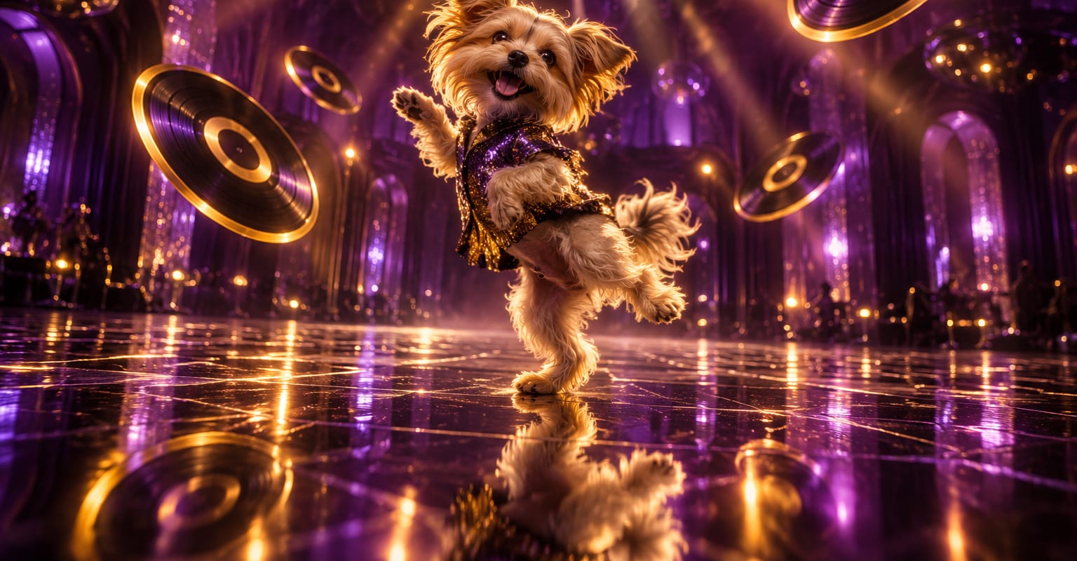 A small dog mid-dance in a violet disco studio with golden light beams and a mirrored floor