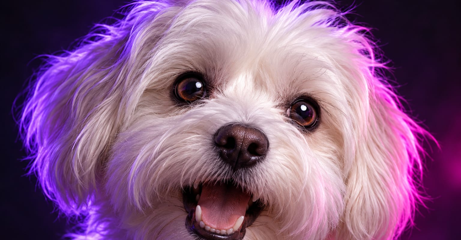 A white dog mid-talk as if speaking to the camera under neon light