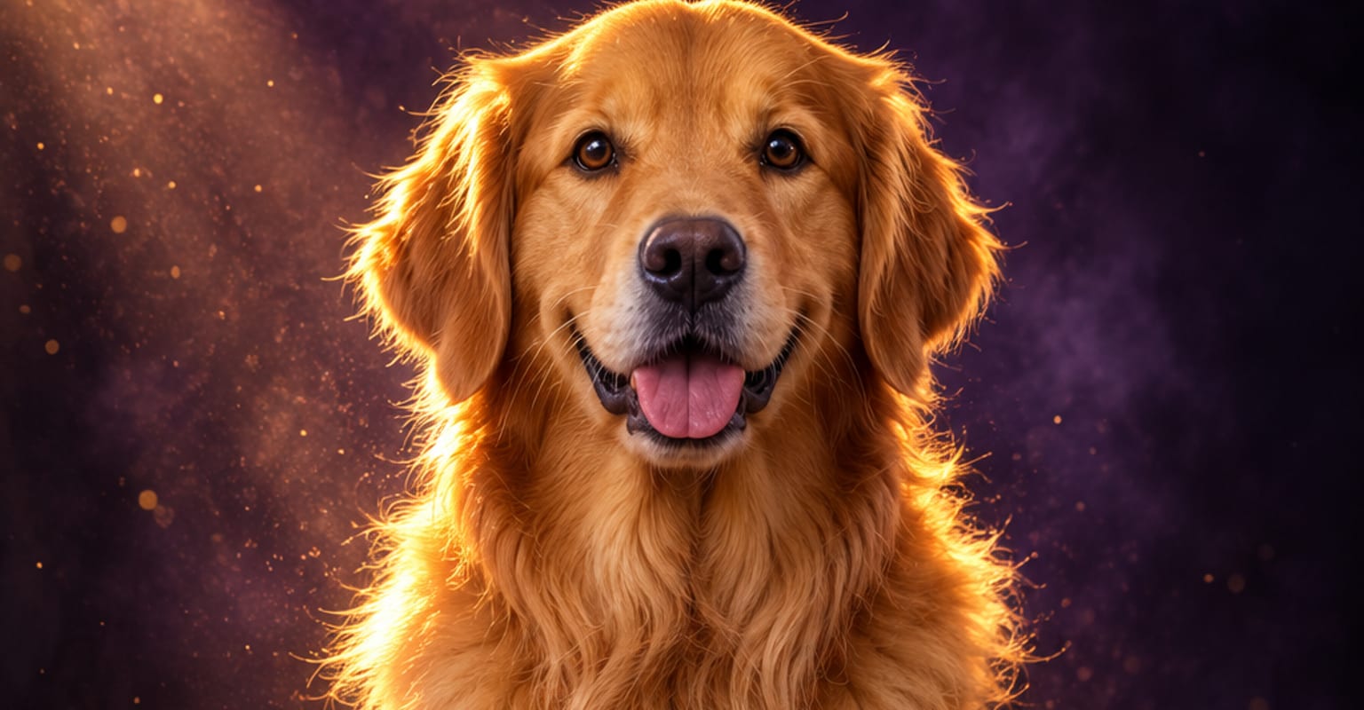 A golden retriever in a dark violet studio lit by a warm golden rim light