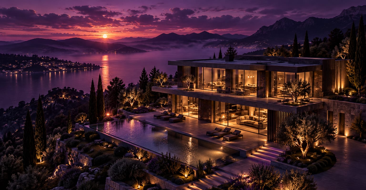 A modern house at violet dusk with warm interior lights and a cinematic aerial approach