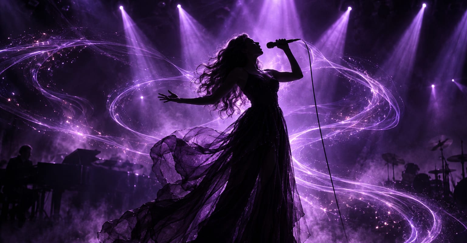 A singer silhouette under violet spotlights with ribbons of musical light in the haze