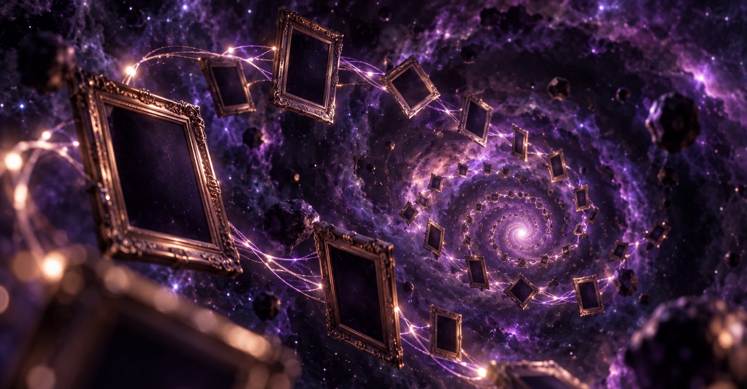 Blank photo frames floating in a spiral through dark violet space with connecting light trails