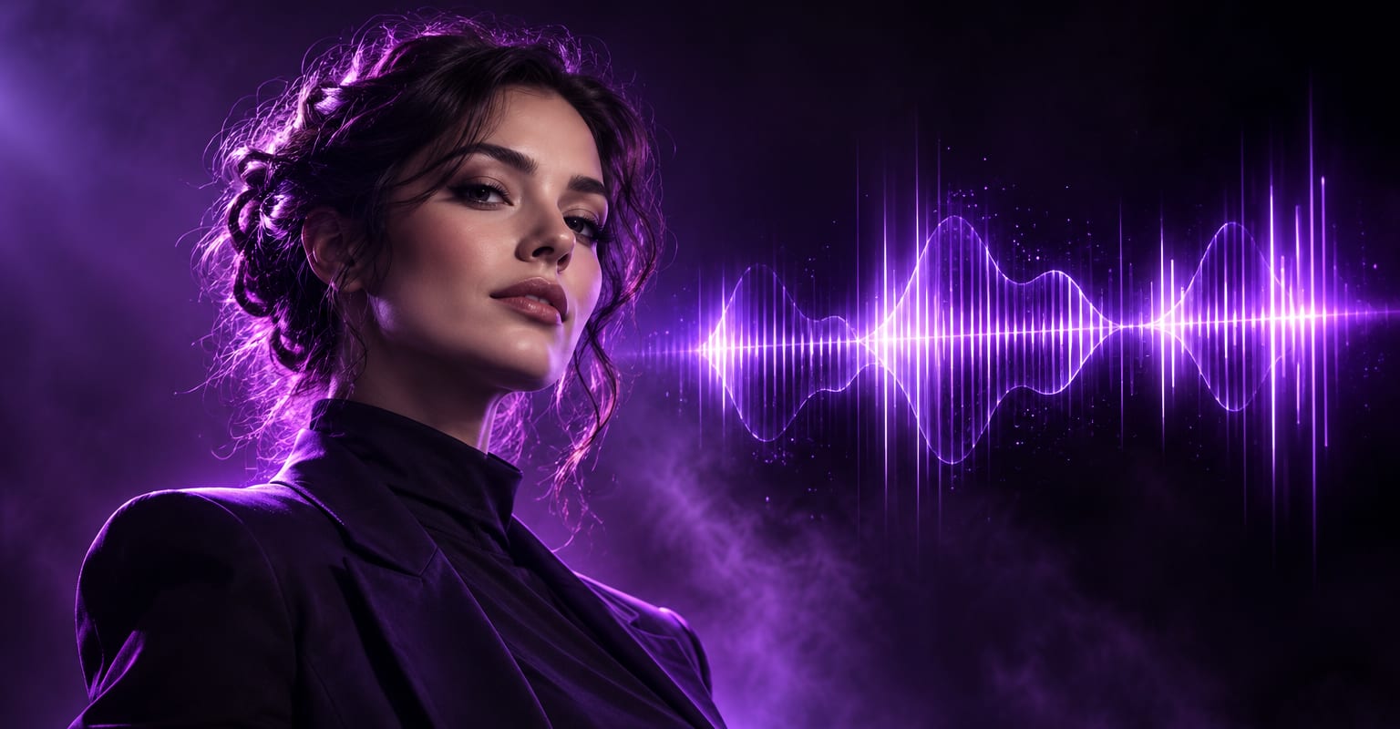A presenter portrait under violet studio rim light with a floating audio waveform
