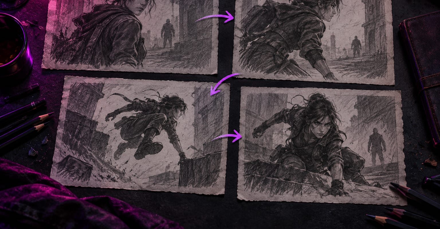 Four storyboard panels sketched on a dark desk with motion arrows