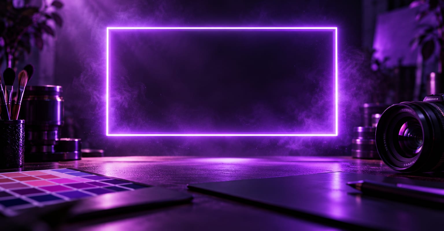 A glowing blank widescreen frame above a dark creator desk with violet neon light