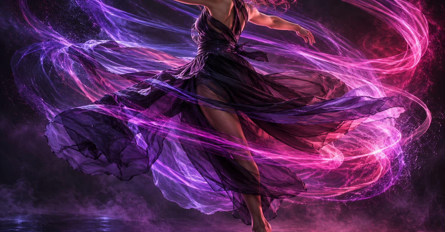 A dancer wrapped in swirling light trails mid-transition