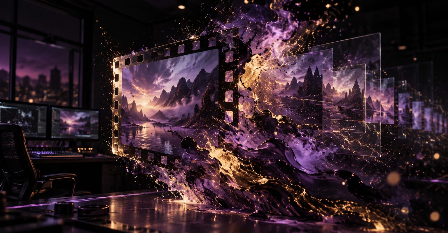 A film frame dissolving into glowing layers of paint and light in a dark editing suite