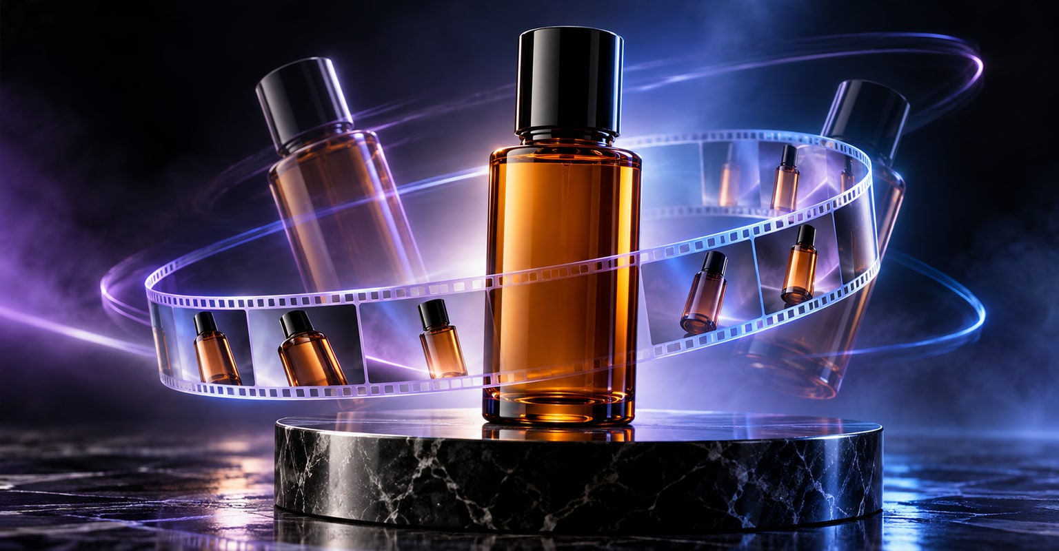 An amber product bottle on a rotating podium with multiple cinematic camera angles