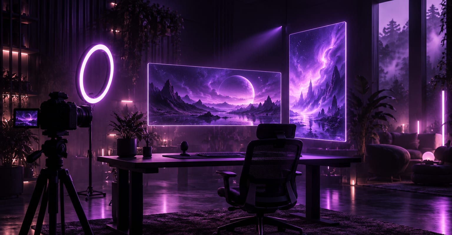 A dark creator studio with a camera, ring light and floating widescreen and vertical screens