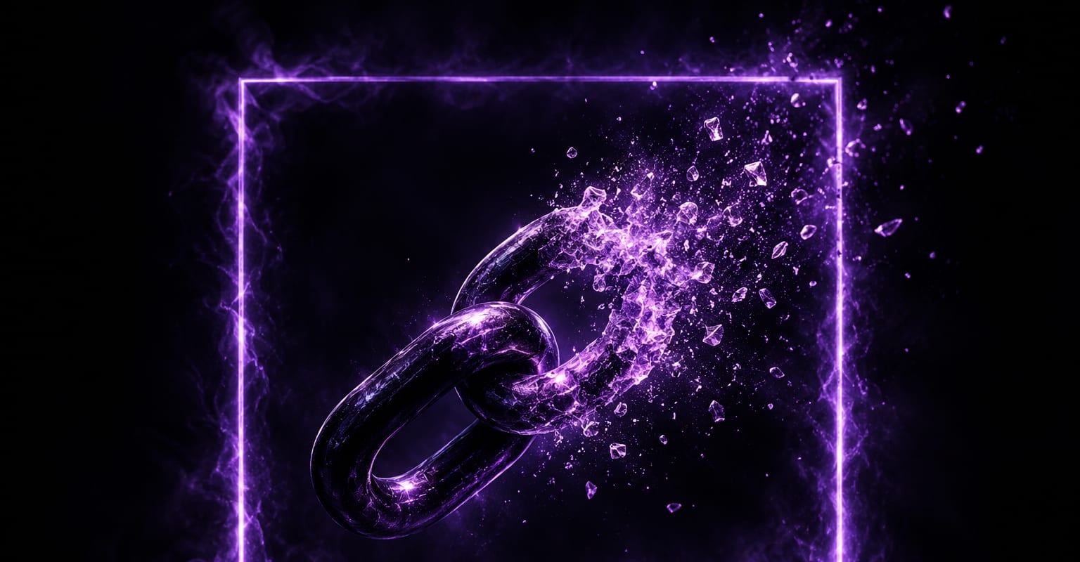 A glowing violet frame with a dissolving chain-link emblem fading into light particles
