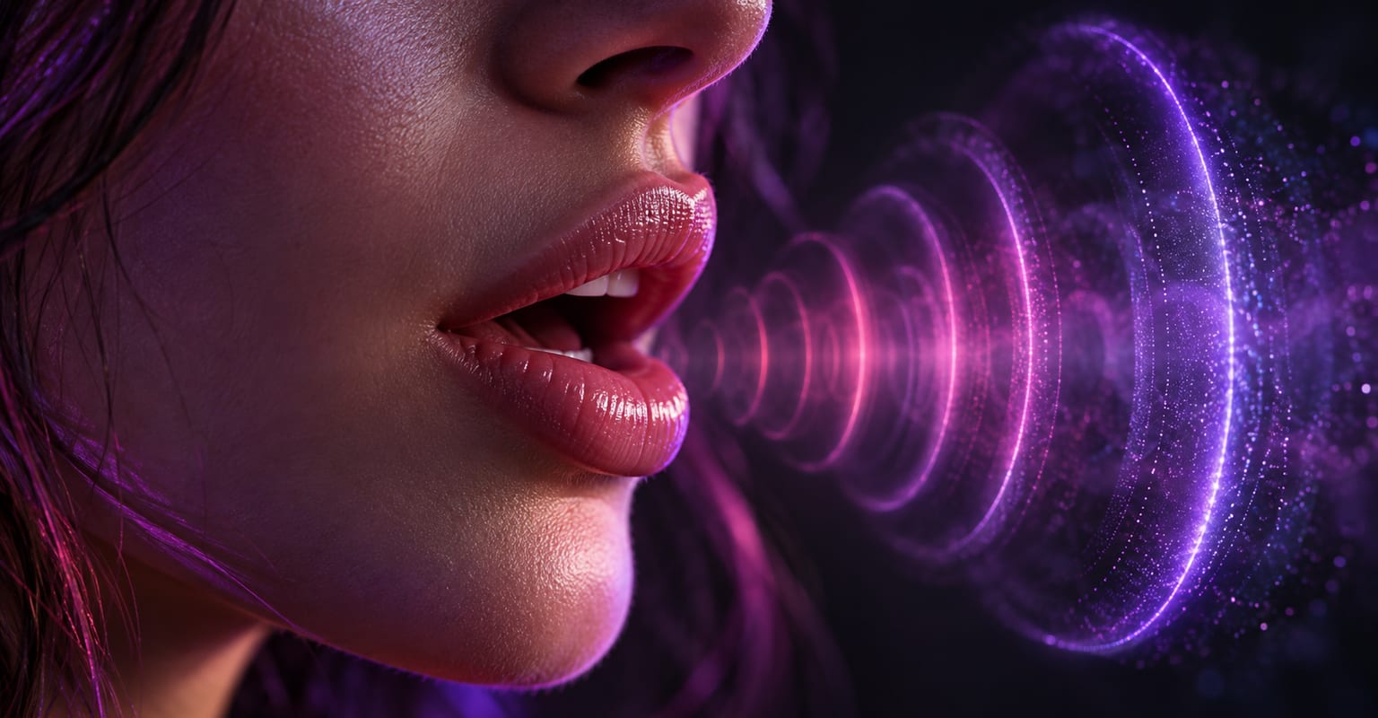 A close-up of a face mid-speech with glowing sound wave rings