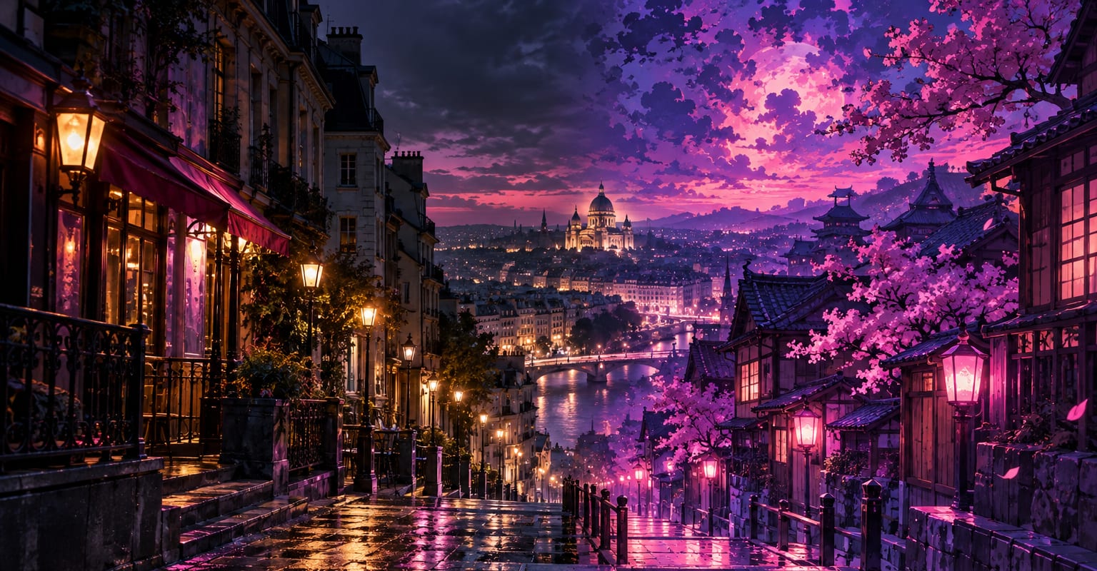 A city street morphing from photo to anime in a split frame