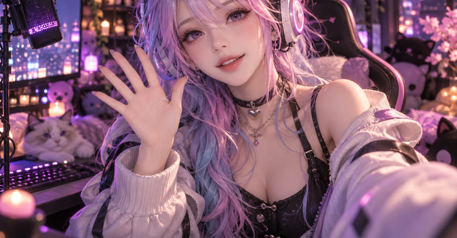 A pastel-haired virtual streamer waving in a neon room