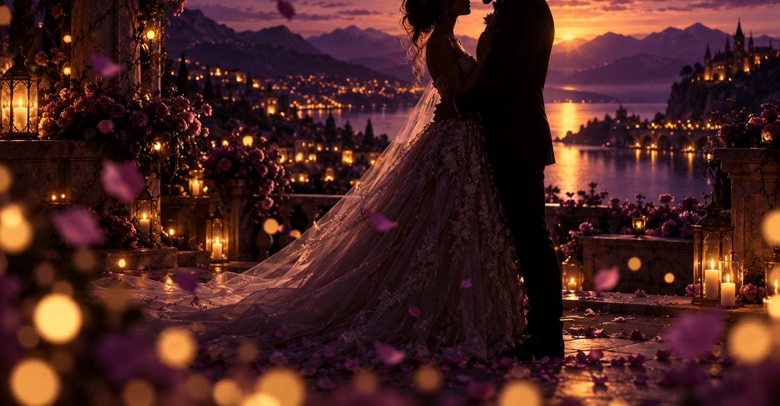 A bride and groom silhouetted under violet dusk light with drifting petals and soft bokeh