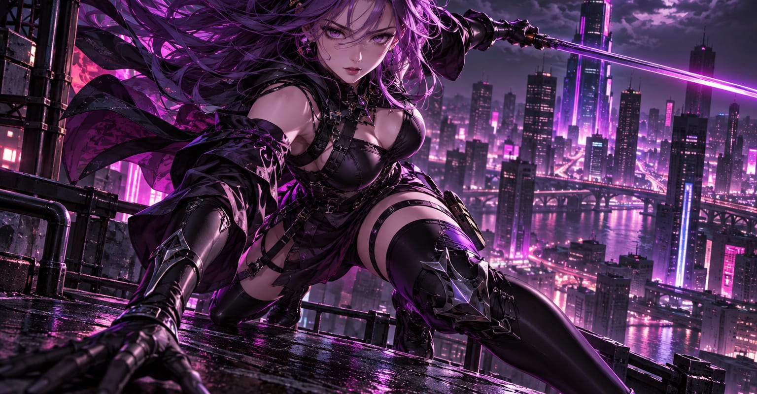 An anime heroine with violet hair on a neon rooftop