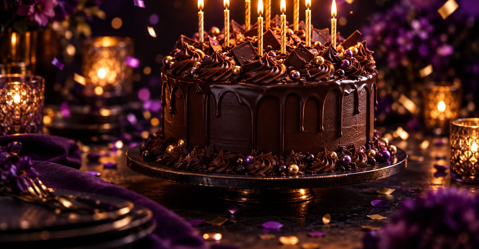 A birthday cake with lit candles on a dark table surrounded by purple bokeh lights