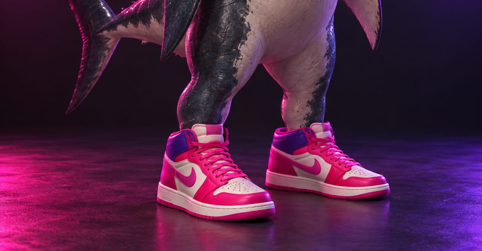 A surreal shark in sneakers standing in a plain studio