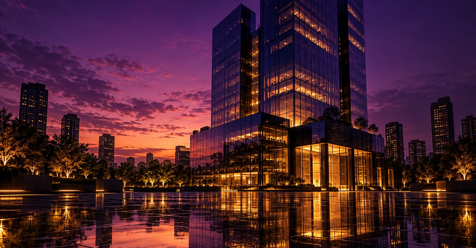A glass office tower at dusk reflected in a dark plaza with purple and gold city lights