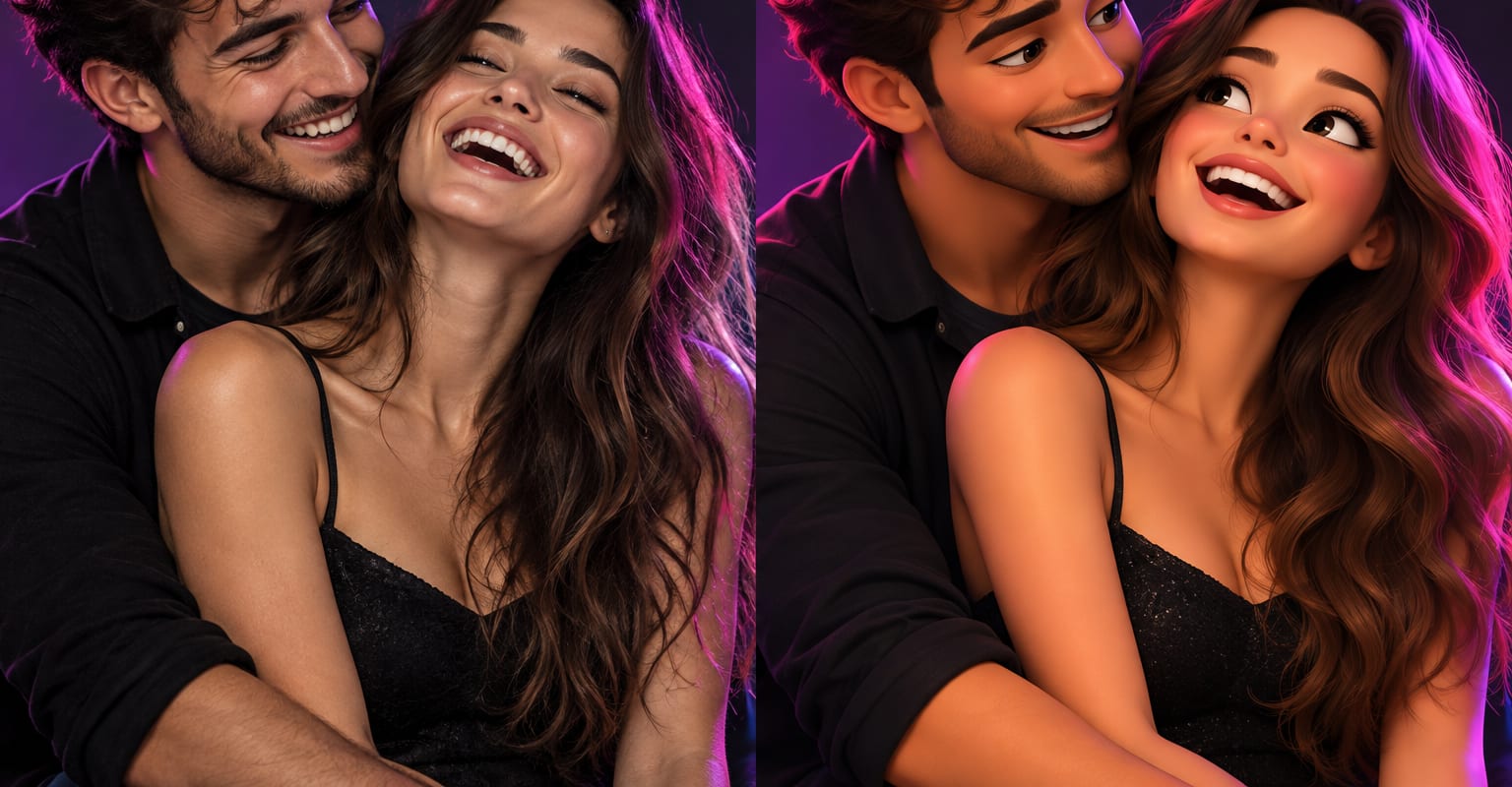 A laughing couple shown as a photo and as a glossy 3D cartoon