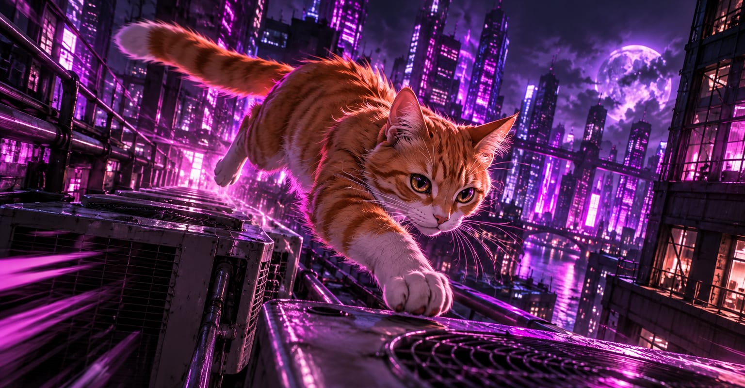 An anime orange cat leaping across neon rooftops at night