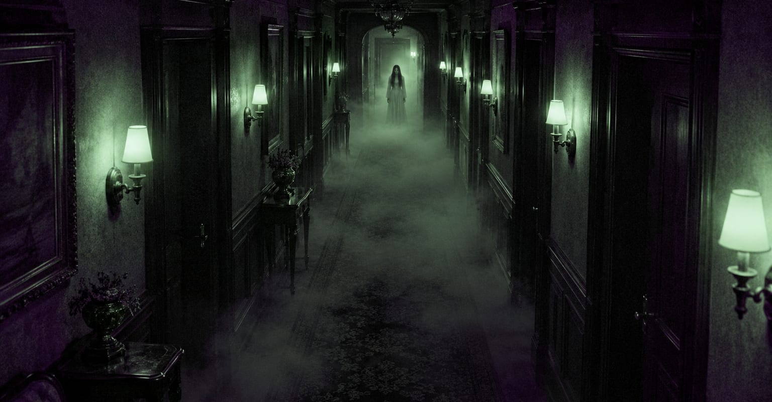 Grainy security-camera view of a haunted hotel hallway with a pale figure at the end