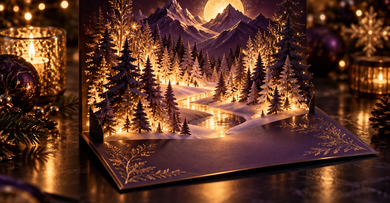 A snowy holiday card scene unfolding inside a floating card frame with paper texture