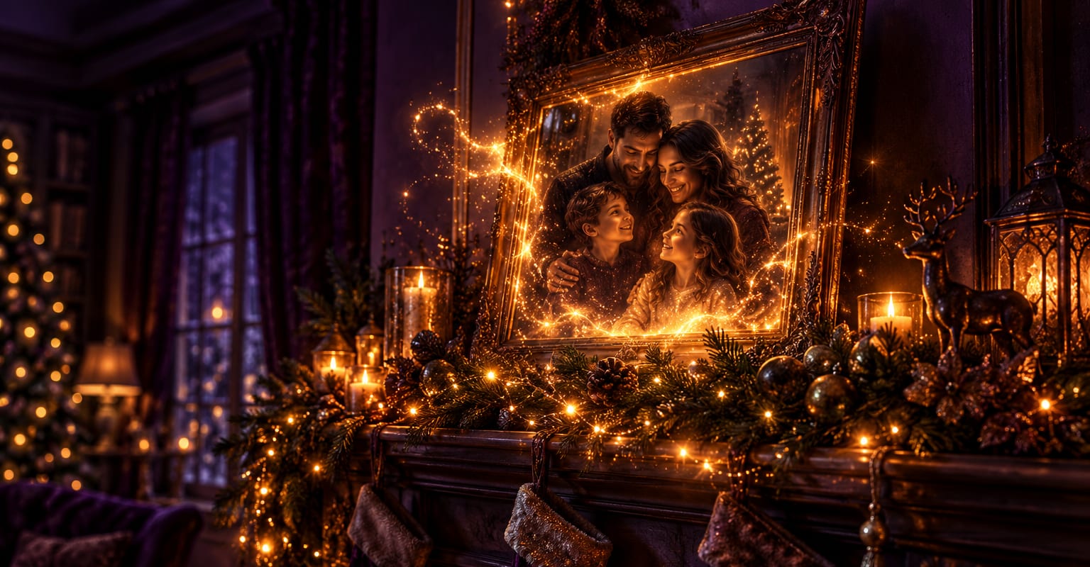 A family photo coming gently to life with falling snow and warm holiday glow around the frame