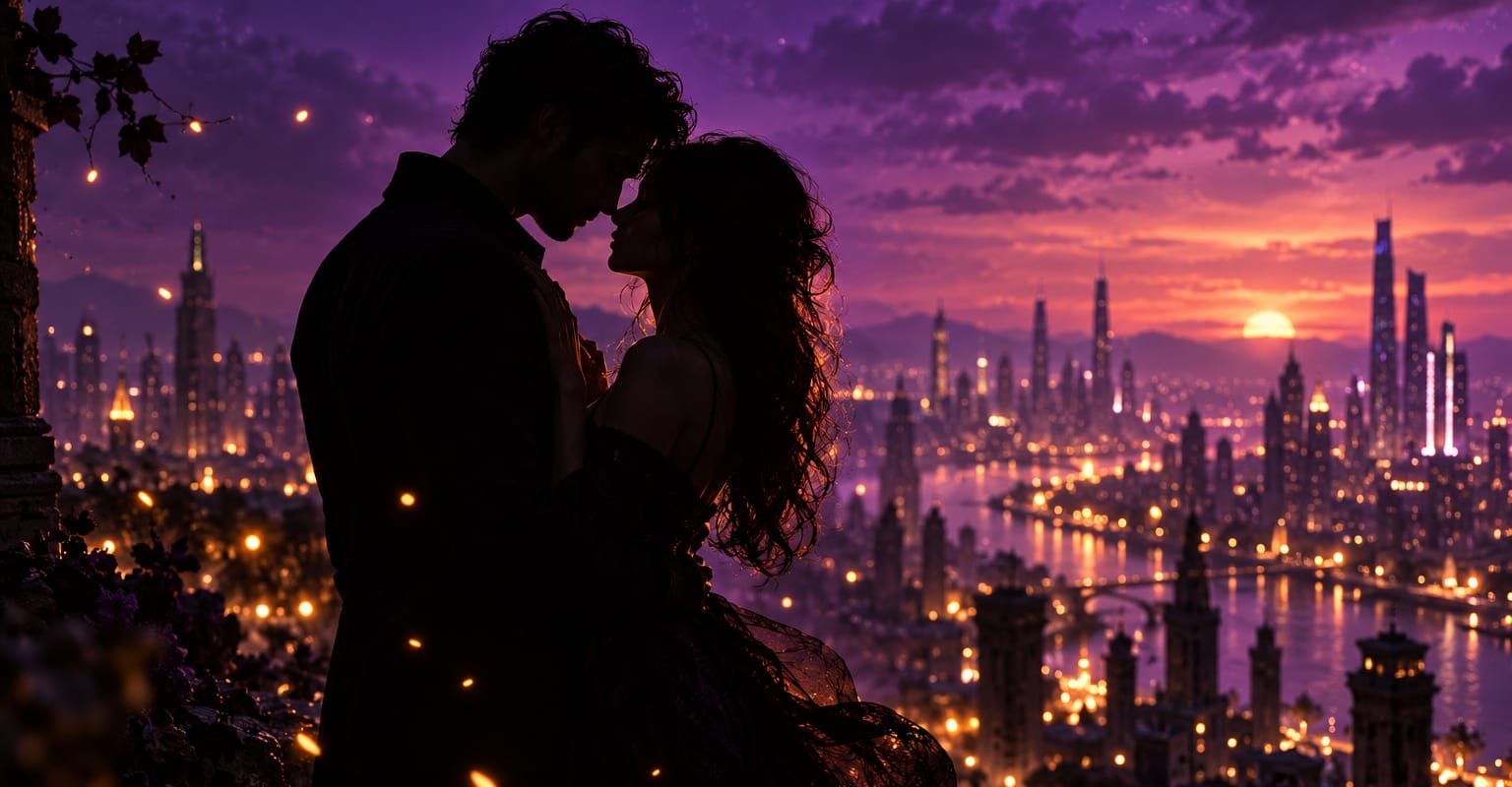 A couple silhouetted against violet city dusk light with drifting sparks