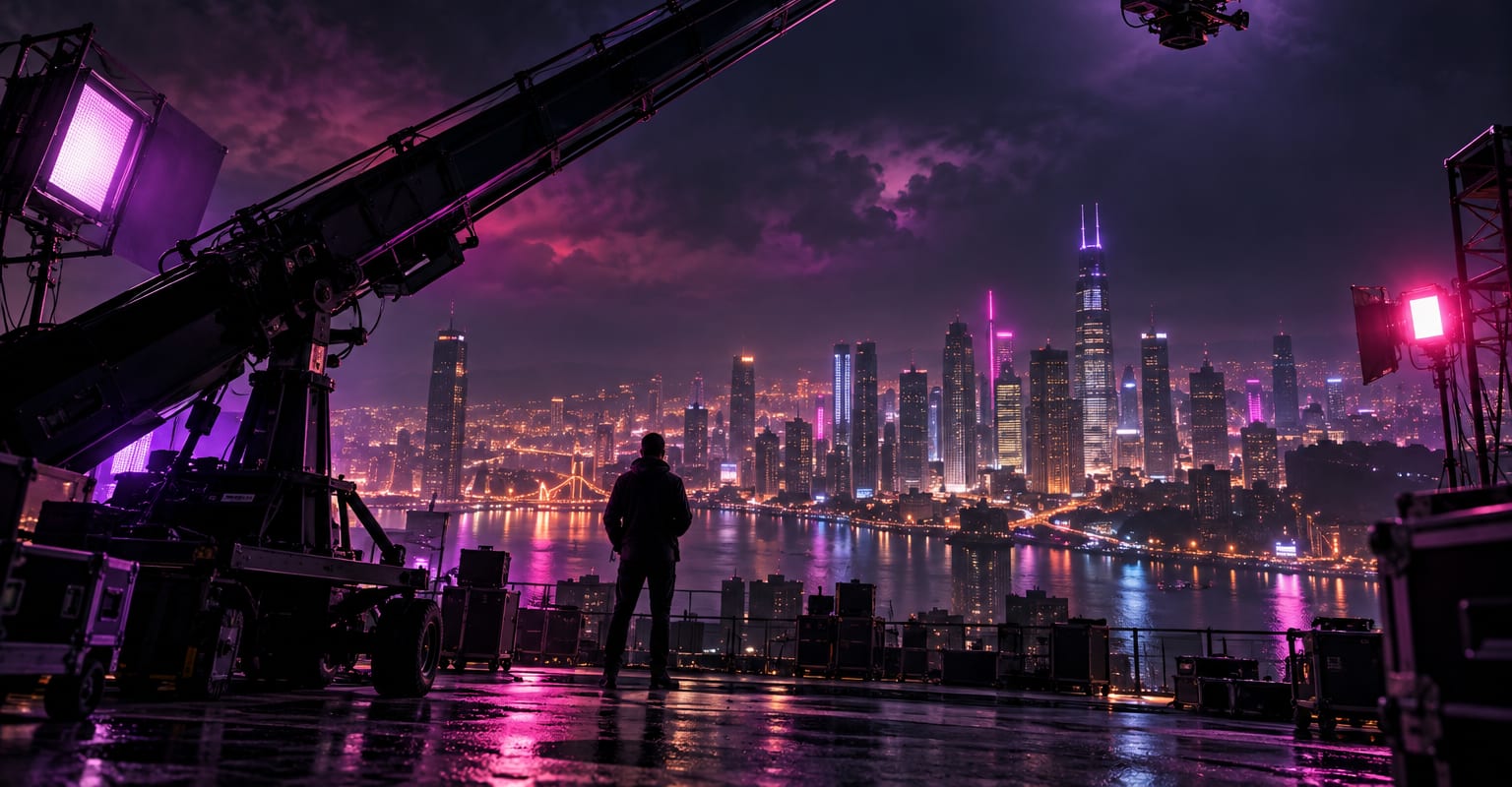 A camera crane rising above a night film set